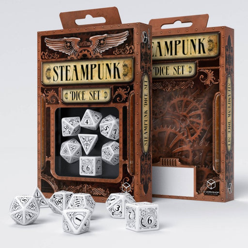 Q-Workshop Steampunk Dice Set White with Black Etches (7 Piece Set)