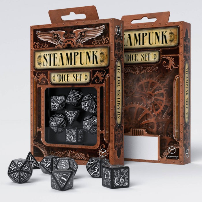 Q-Workshop Steampunk Dice Set Black with White Etches (7 Piece Set)