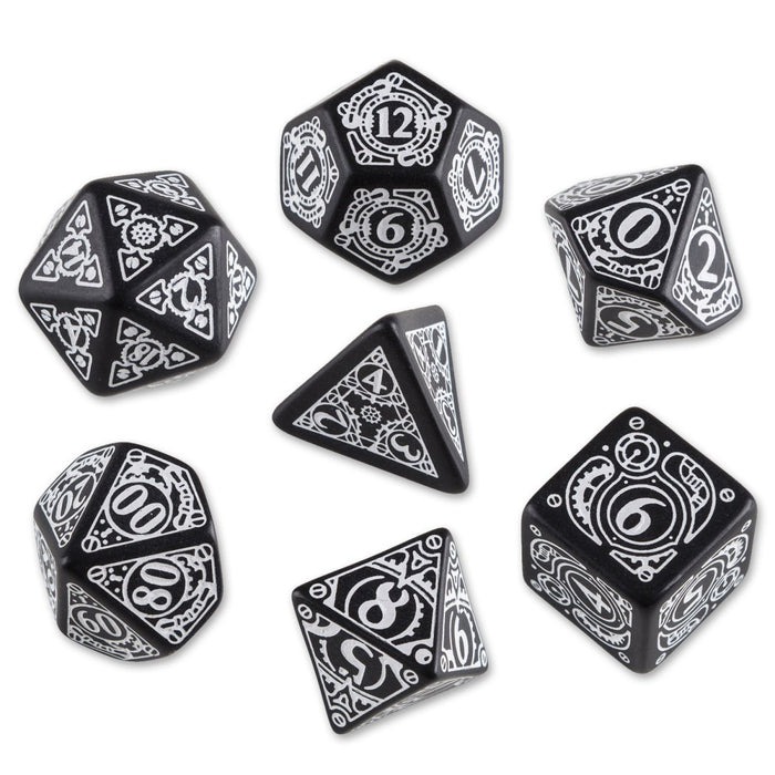 Q-Workshop Steampunk Dice Set Black with White Etches (7 Piece Set)