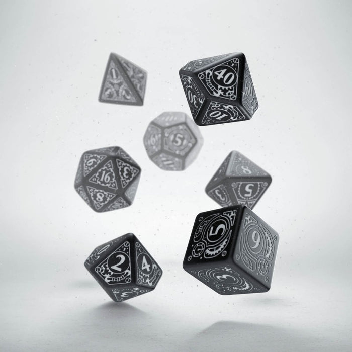 Q-Workshop Steampunk Dice Set Black with White Etches (7 Piece Set)