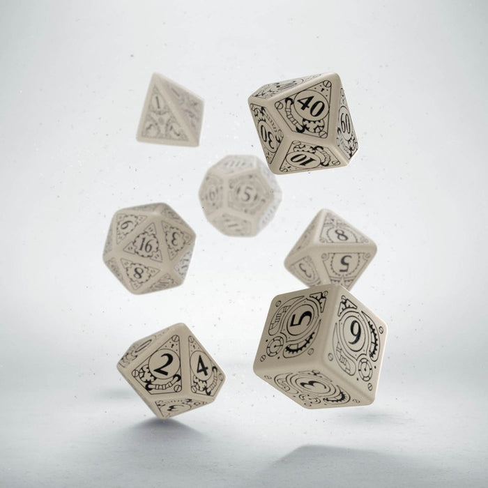 Q-Workshop Steampunk Dice Set Beige with Black Etches (7 Piece Set)