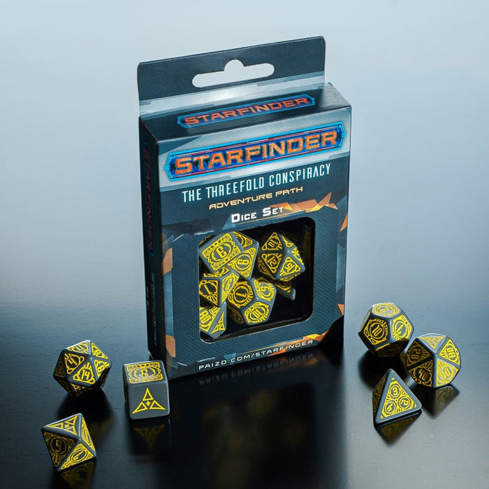 Starfinder Threefold Conspiracy 7-Die Polyhedral Dice Set - Gray with Yellow