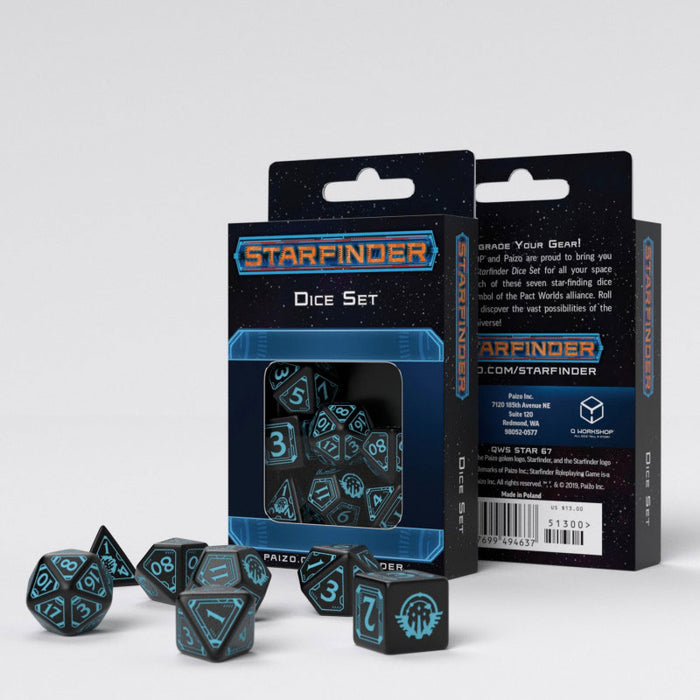 Q-Workshop Starfinder Dice Set Black with Teal Etches (7 Piece Set)