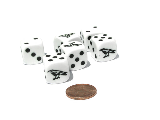 Set of 6 Raven 16mm D6 Round Edged Animal Dice - White with Black Pips