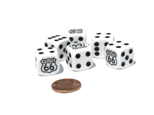 Set of 6 Route 66 16mm D6 Round Edged Dice - White with Black Pips