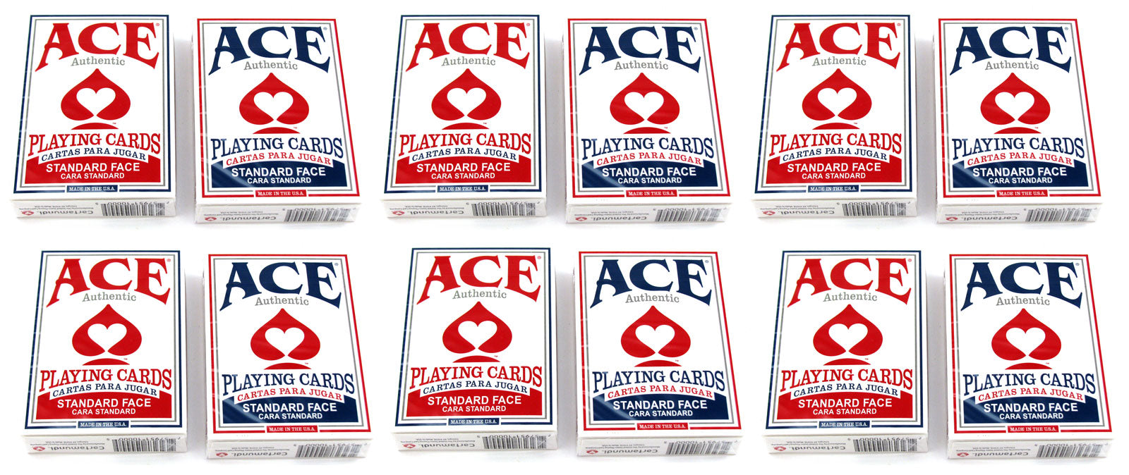 Ace Standard Size Playing Cards with Standard Faces - 6 Red Decks, 6 Blue Decks
