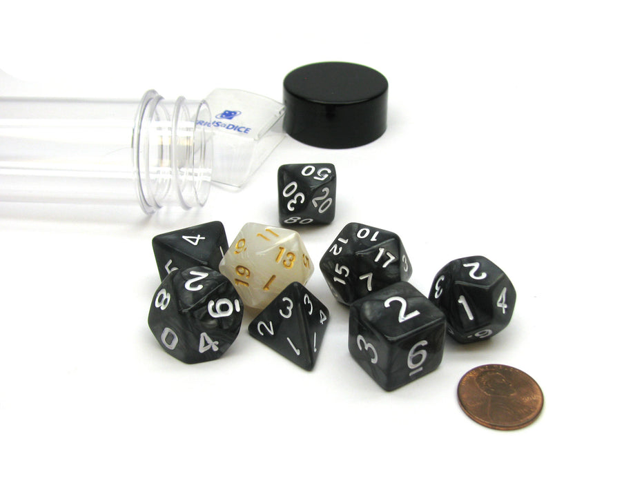 Tube of 7 Polyhedral RPG Sirius Dice with Bonus D20- Pearl Charcoal Grey Acrylic