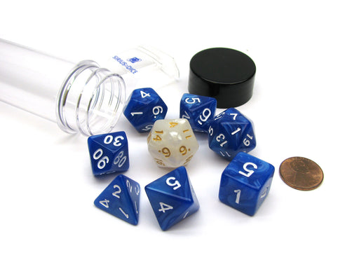 Tube of 7 Polyhedral RPG Sirius Dice with Bonus D20 - Pearl Blue Acrylic