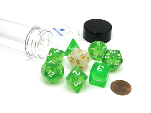 Tube of 7 Polyhedral RPG Sirius Dice with Bonus D20 - Translucent Green Resin