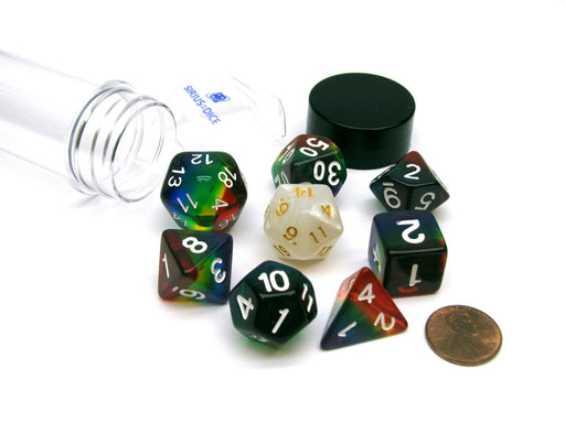 Tube of 7 Polyhedral RPG Sirius Dice with Bonus D20 - Rainbow Translucent Resin
