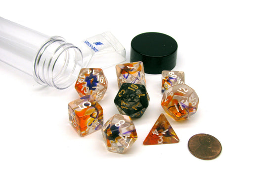 Tube of 7 Polyhedral RPG Sirius Dice with Bonus D20 - Purple, Orange Clear