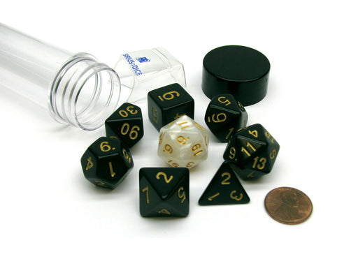 Tube of 7 Polyhedral RPG Sirius Dice with Bonus D20 - Solid Black, Gold Ink
