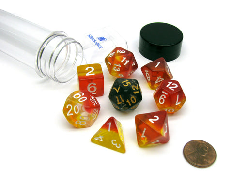 Tube of 7 Polyhedral RPG Sirius Dice with Bonus D20 - Yellow, Red Translucent