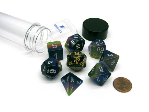 Tube of 7 Polyhedral RPG Sirius Dice with Bonus D20 - Pink, Green, Blue