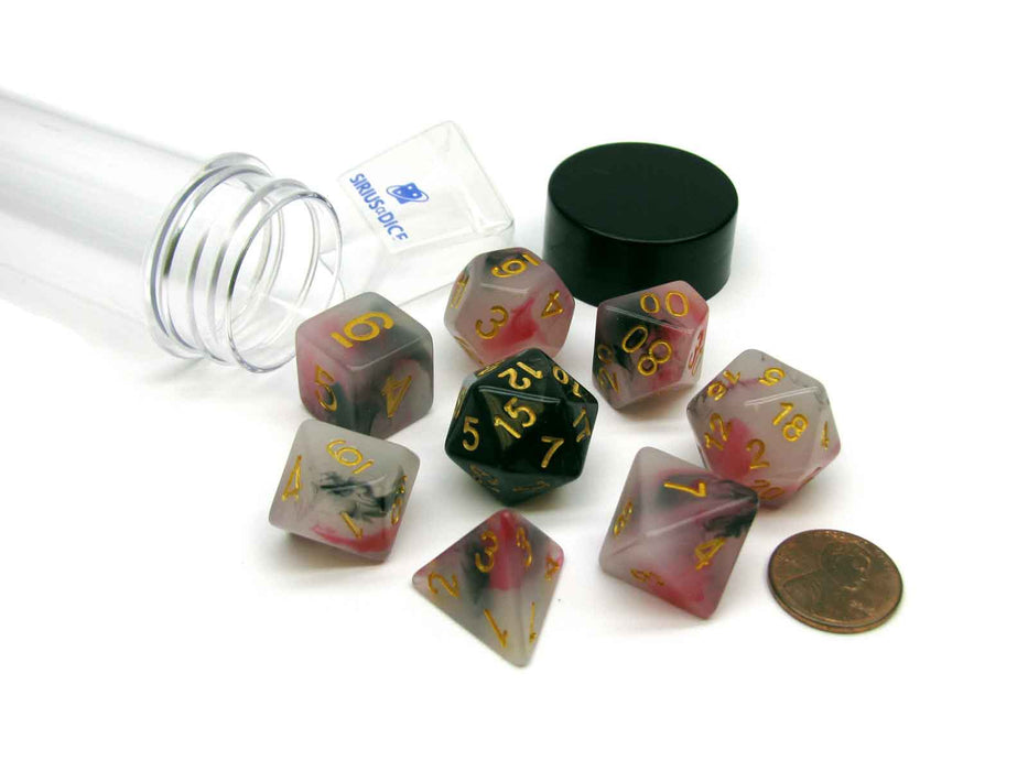 Tube of 7 Polyhedral RPG Sirius Dice with Bonus D20 - Pink, Black, Red Marble