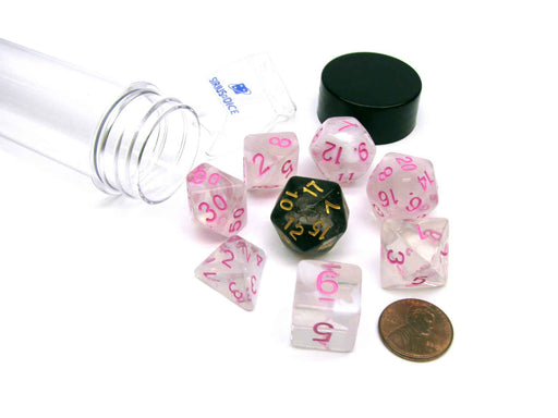 Tube of 7 Polyhedral RPG Sirius Dice with Bonus D20 - White Cloud, Pink Ink