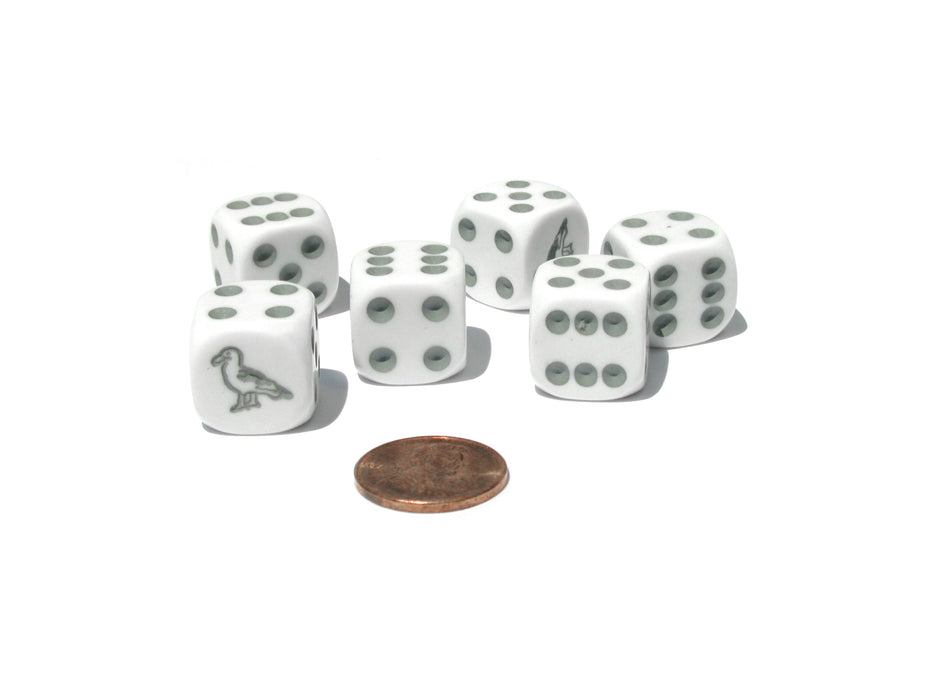 Set of 6 Seagull 16mm D6 Round Edged Animal Dice - White with Gray Pips