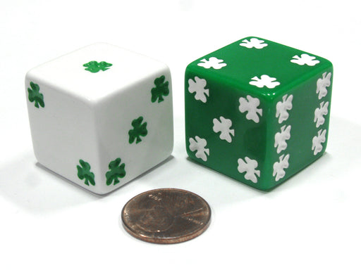 Set of 2 Shamrock D6 25mm Large Opaque Jumbo Dice - 1 White and 1 Green