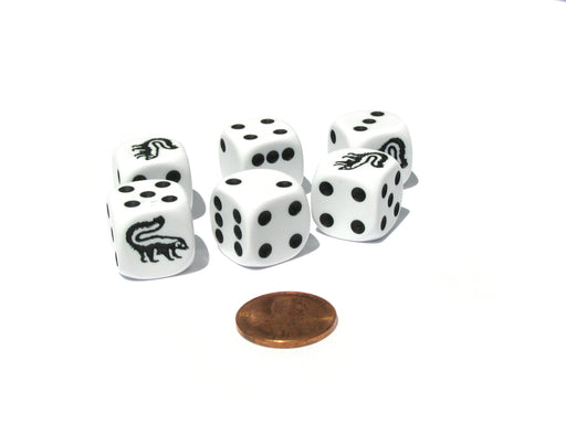 Set of 6 Skunk 16mm D6 Round Edged Animal Dice - White with Black Pips