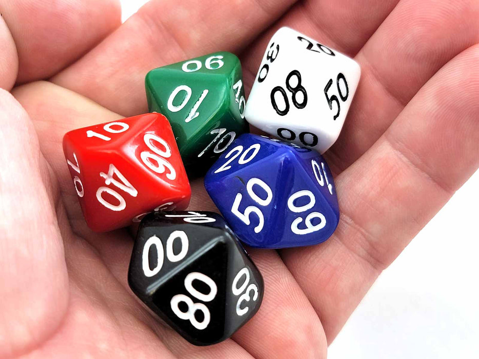 D10 'Decades' 00-90 Skew Dice, 5 Pieces - Black, Blue, Green, Red, and White