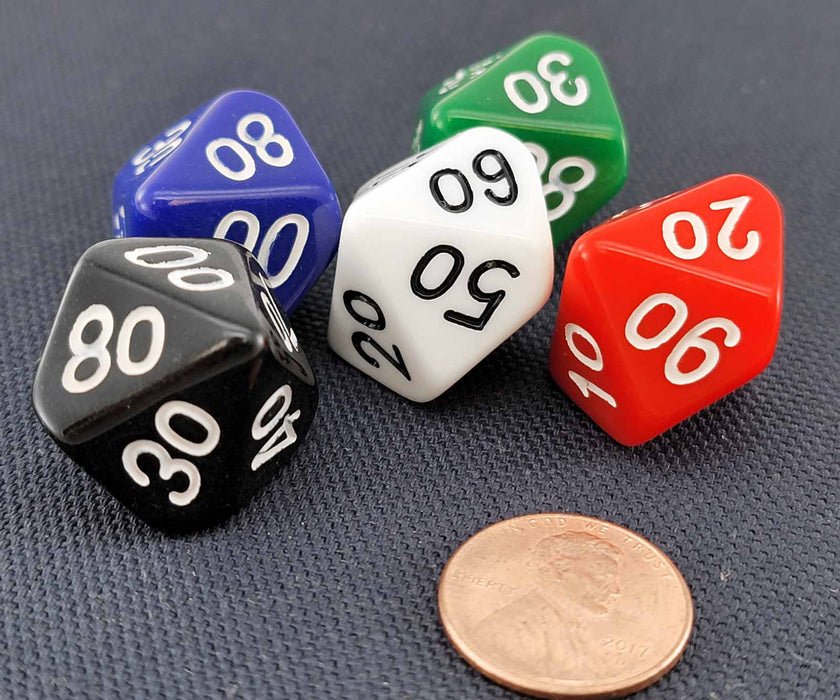 D10 'Decades' 00-90 Skew Dice, 5 Pieces - Black, Blue, Green, Red, and White