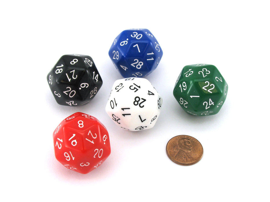 The Dice Lab Numerically-Balanced D30, 5 Pieces - Black, White, Red, Green, Blue