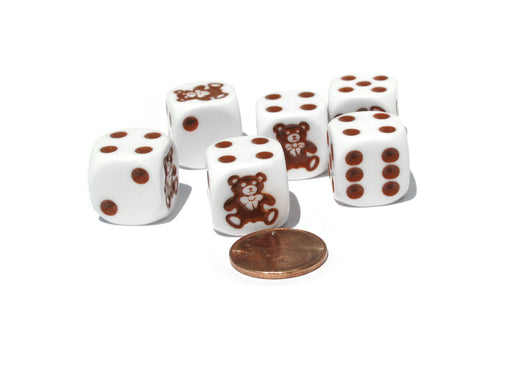 Set of 6 Teddy Bear 16mm D6 Round Edged Dice - White with Brown Pips