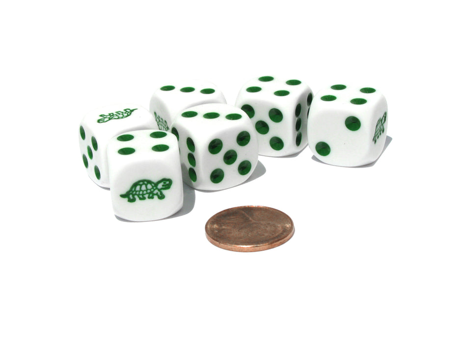 Set of 6 Turtle 16mm D6 Round Edged Animal Dice - White with Green Pips