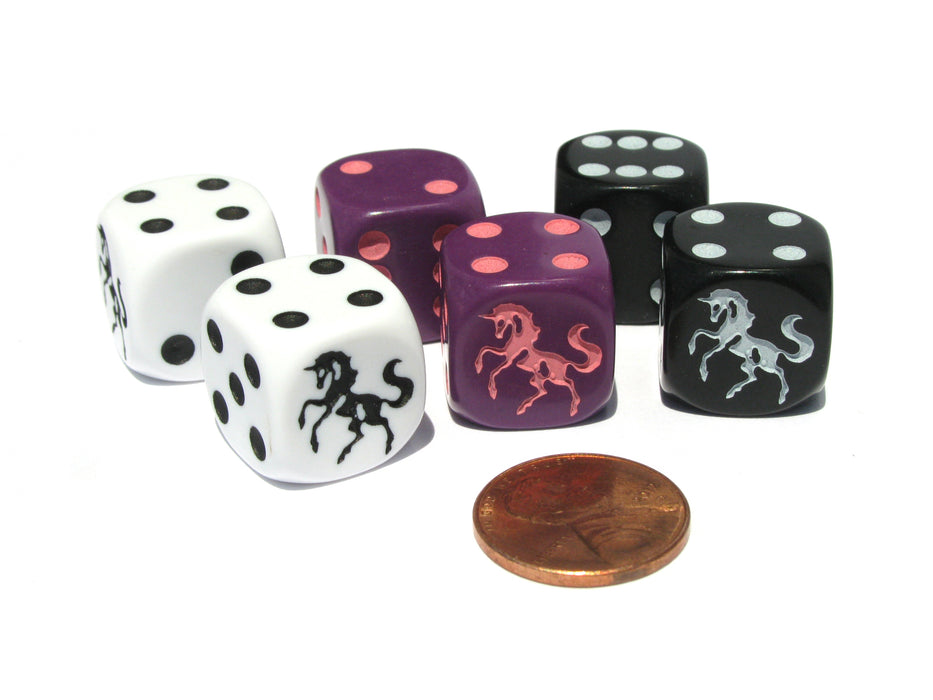 Set of 6 Unicorn 16mm D6 Round Edge Dice - 2 Each of Black, Purple, and White
