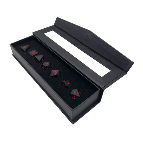 Set of 7 Dungeons and Dragons RPG Metal Polyhedral Dice - Black with Red Numbers