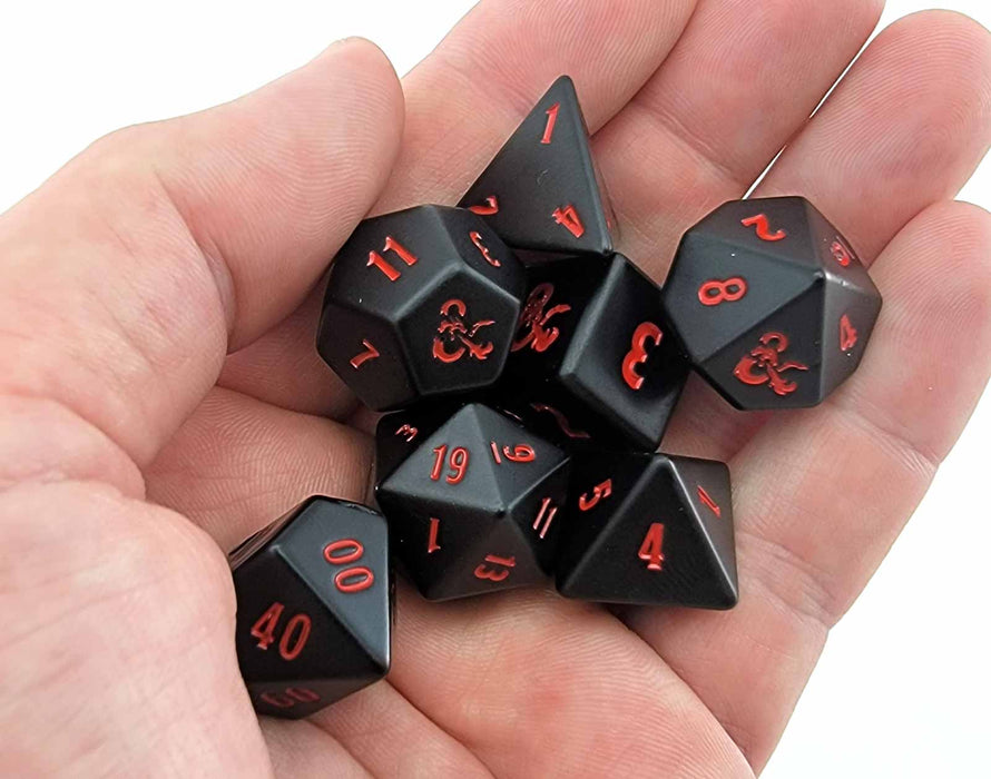 Set of 7 Dungeons and Dragons RPG Metal Polyhedral Dice - Black with Red Numbers
