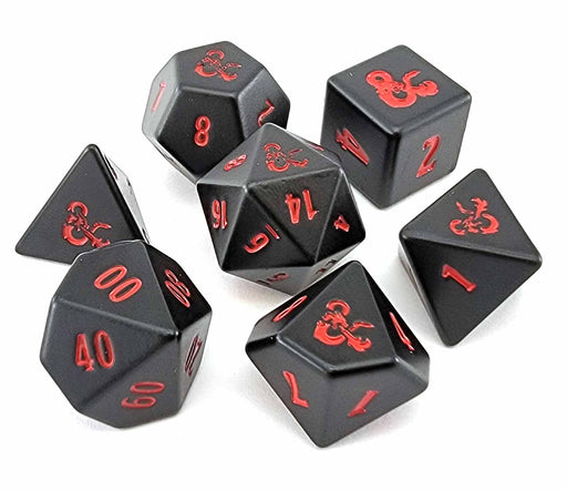 Set of 7 Dungeons and Dragons RPG Metal Polyhedral Dice - Black with Red Numbers