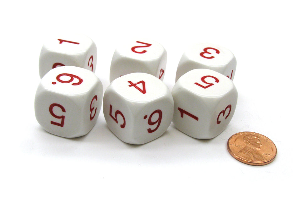 Pack of 6 D6 20mm Numbered 1 to 6 Dice - White with Red Numbers
