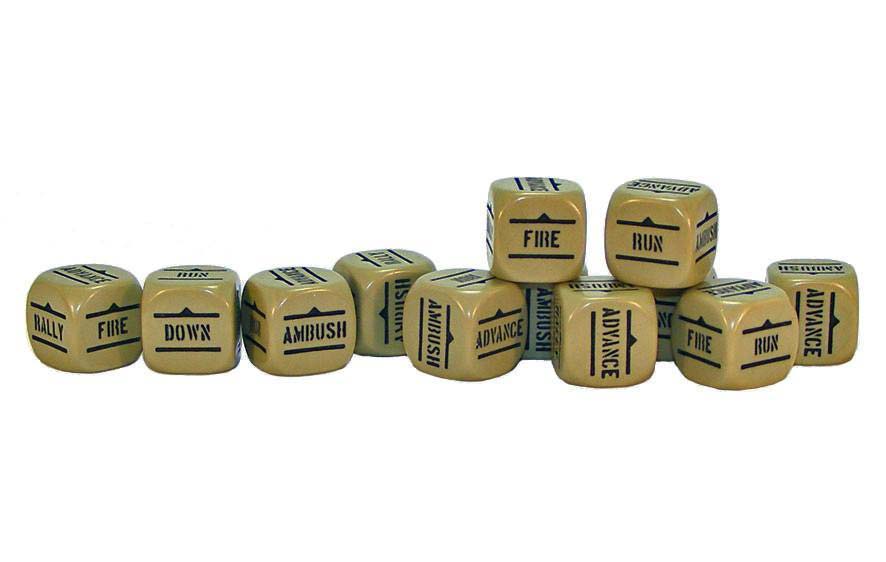 Bolt Action Orders Dice Pack, 12 Pieces - Sand with Black Words