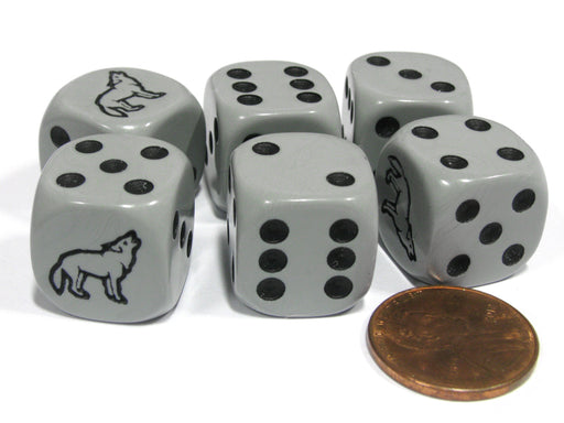 Set of 6 Wolf 16mm D6 Round Edged Animal Dice - Gray with Black Pips