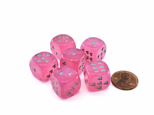 Pack of 6 Heart Dice, Luminary Borealis 16mm D6 Dice - Pink with Silver Hearts