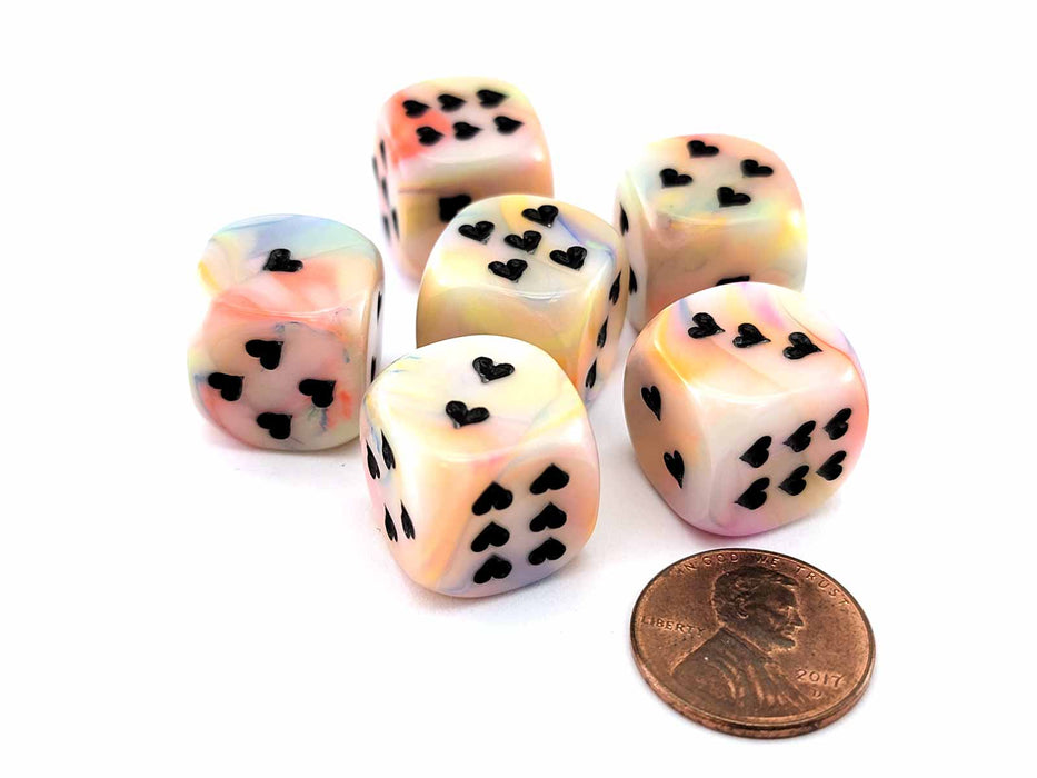 Pack of 6 Heart Dice, Festive 16mm D6 Dice - Circus with Black Hearts