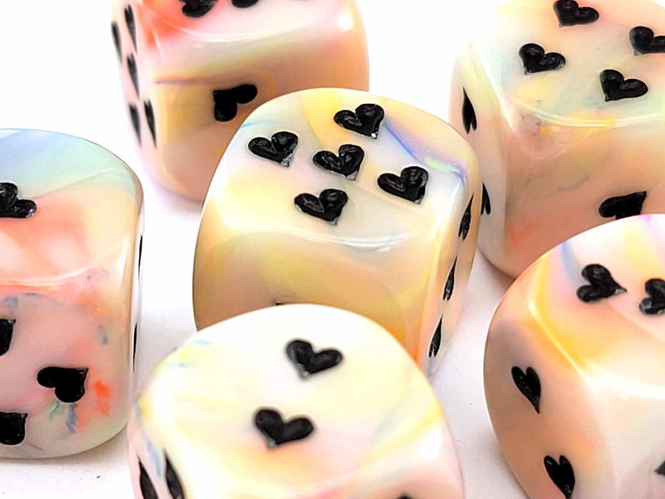 Pack of 6 Heart Dice, Festive 16mm D6 Dice - Circus with Black Hearts