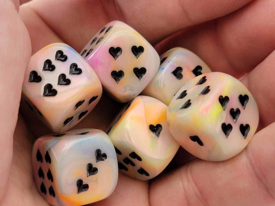 Pack of 6 Heart Dice, Festive 16mm D6 Dice - Circus with Black Hearts