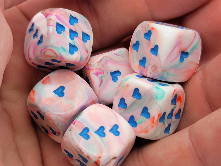 Pack of 6 Heart Dice, Festive 16mm D6 Dice - Pop Art with Blue Hearts
