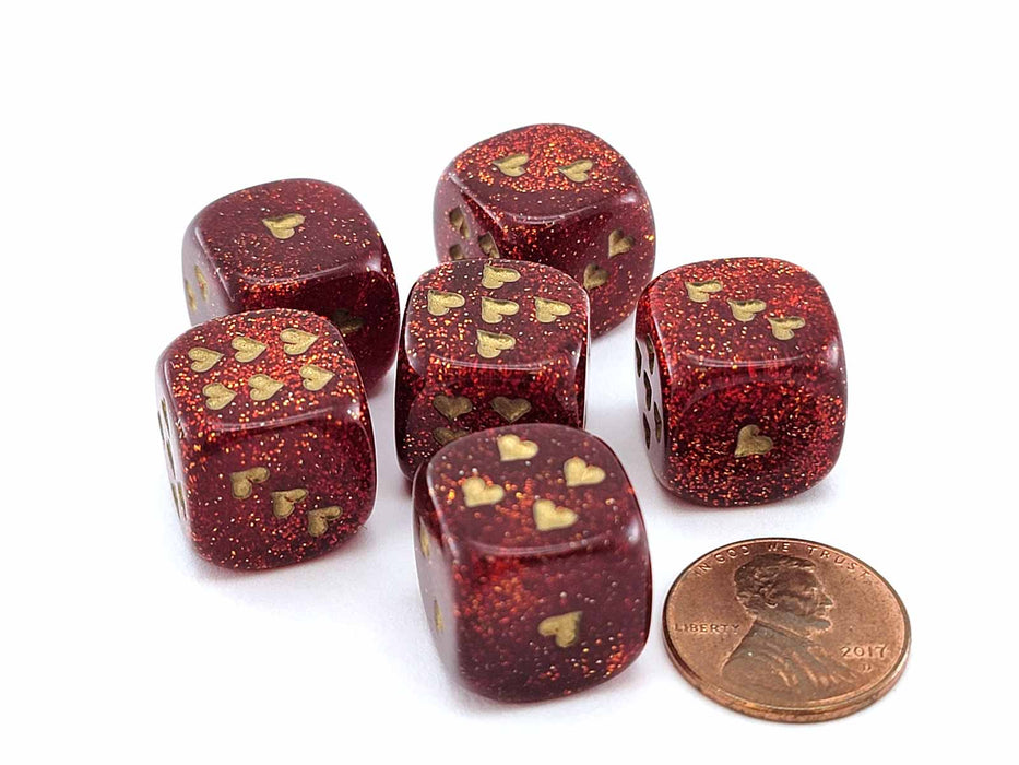 Pack of 6 Heart Dice, Glitter 16mm D6 Dice - Ruby Red with Gold Hearts
