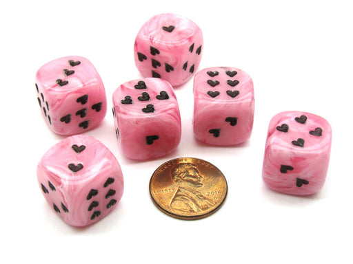 Pack of 6 Heart Cirrus 16mm D6 Chessex Dice - Pink with Black Pips