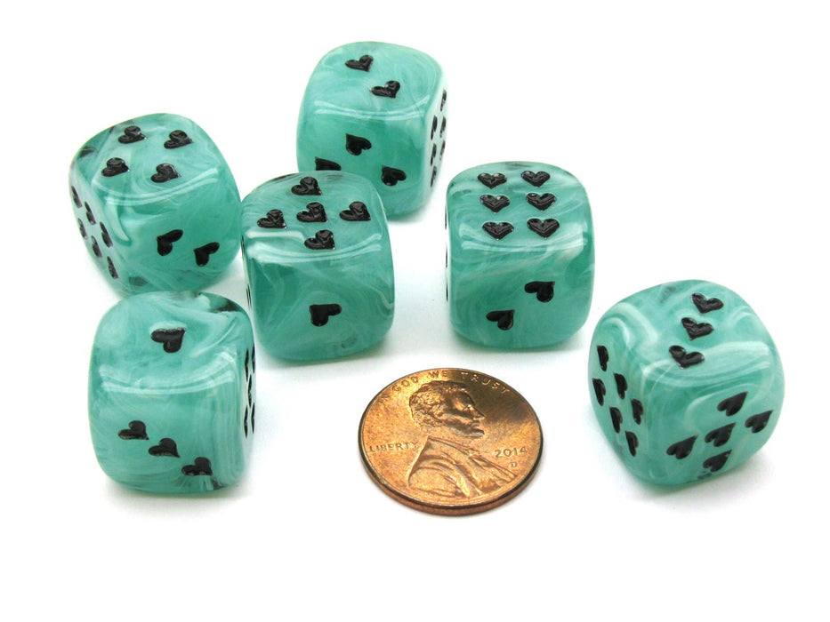 Pack of 6 Heart Cirrus 16mm D6 Chessex Dice - Green with Black Pips