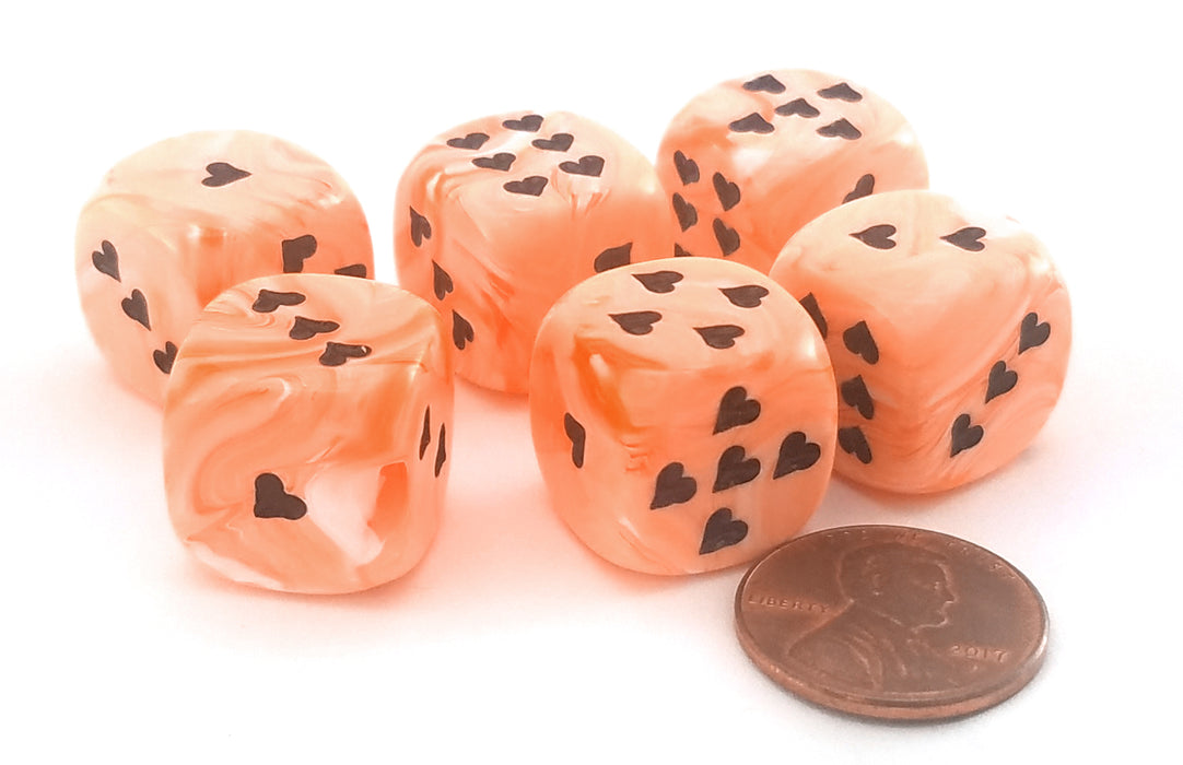 Pack of 6 Heart 'Ice Cream' 16mm D6 Chessex Dice - Orange with Black Hearts