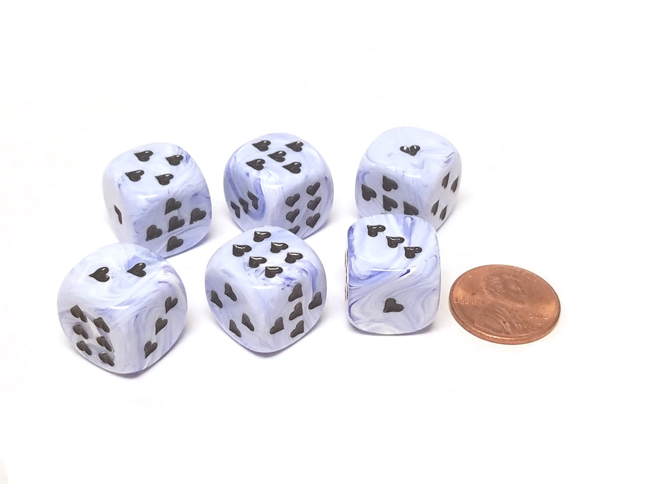 Pack of 6 Heart 'Ice Cream' 16mm D6 Chessex Dice - Blue with Black Hearts