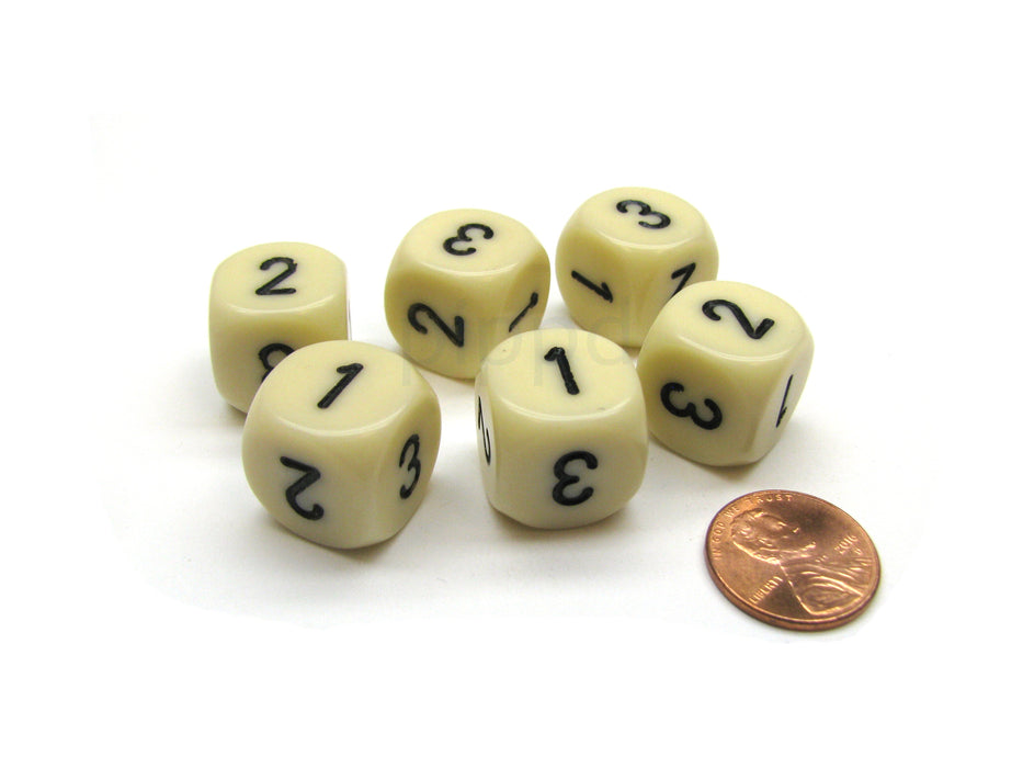 Opaque 16mm D3 Dice, 6 Pieces (6-Sided with 1-2-3 Twice) - Ivory with Black
