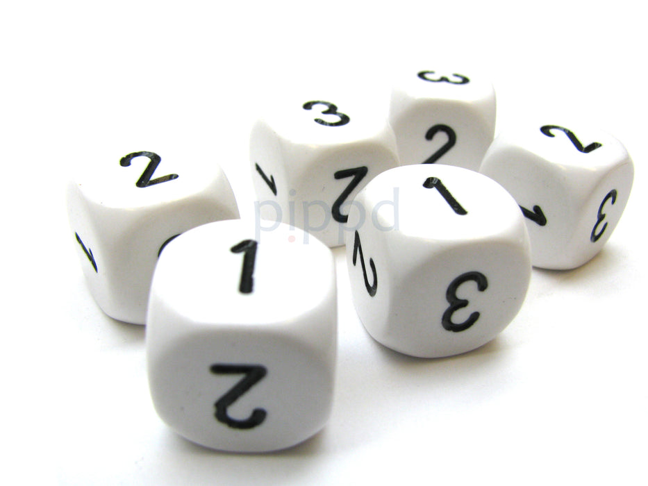 Opaque 16mm D3 Dice, 6 Pieces (6-Sided with 1-2-3 Twice) - White with Black