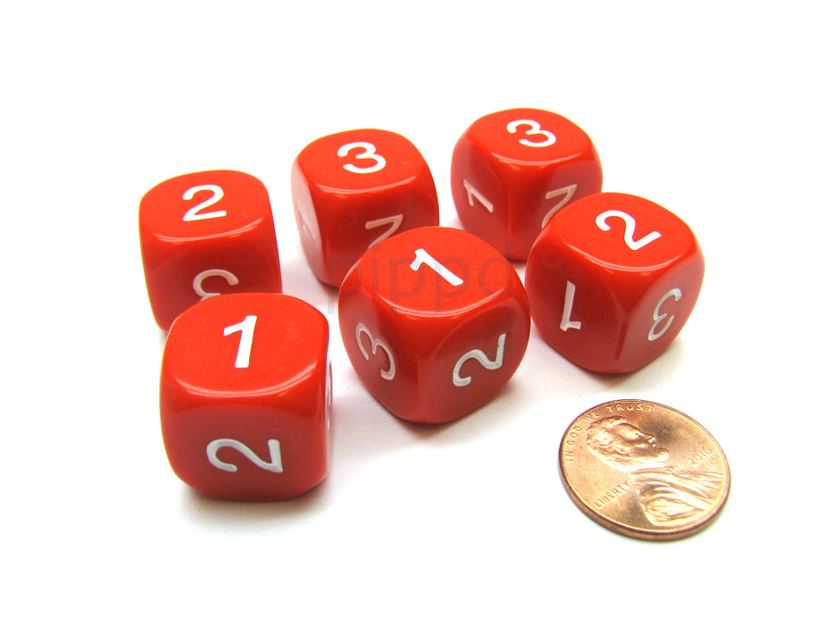 Opaque 16mm D3 Dice, 6 Pieces (6-Sided with 1-2-3 Twice) - Red with White