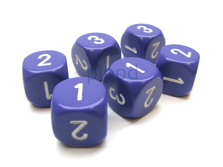 Opaque 16mm D3 Dice, 6 Pieces (6-Sided with 1-2-3 Twice) - Purple with White