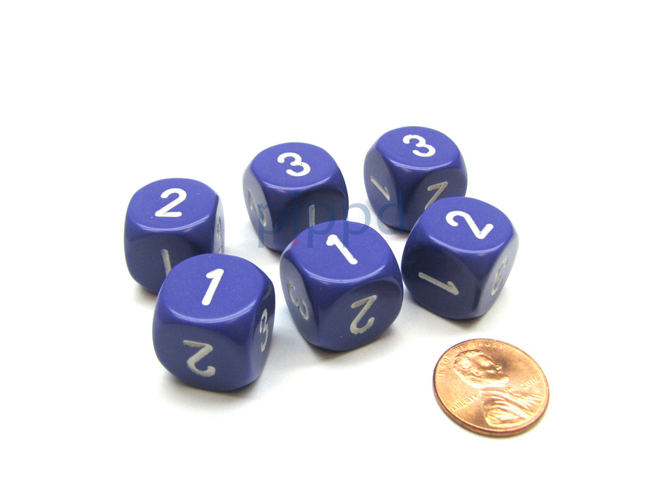 Opaque 16mm D3 Dice, 6 Pieces (6-Sided with 1-2-3 Twice) - Purple with White